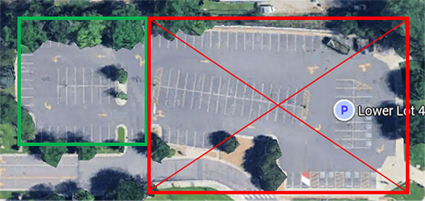 aerial view of lower lot 4 showing that most spots on the east side of the lot will be closed, with a portion of the east side of the lot shown as available