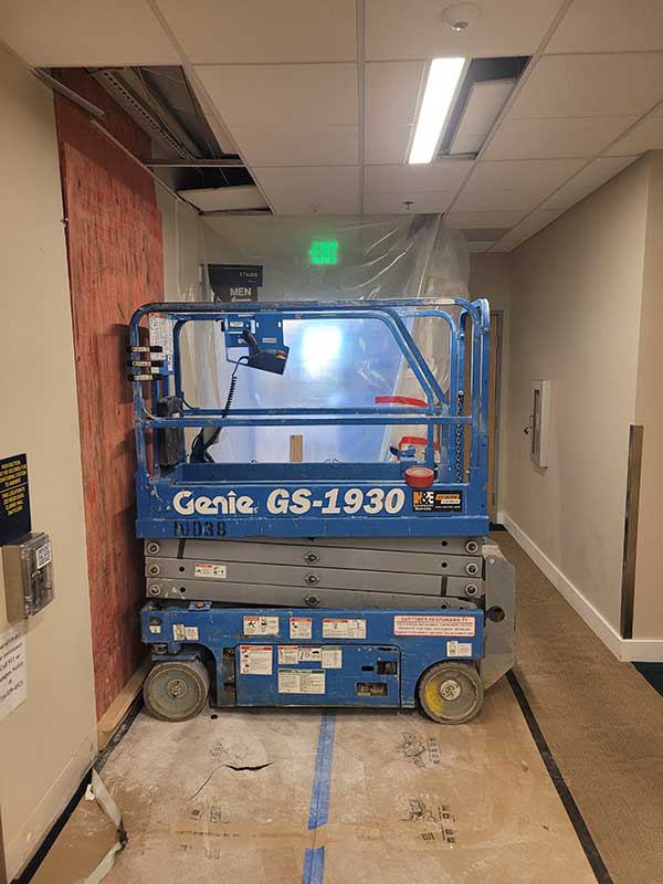 Mechanical lift blocking portion of hallway on second floor of Clarke Hall