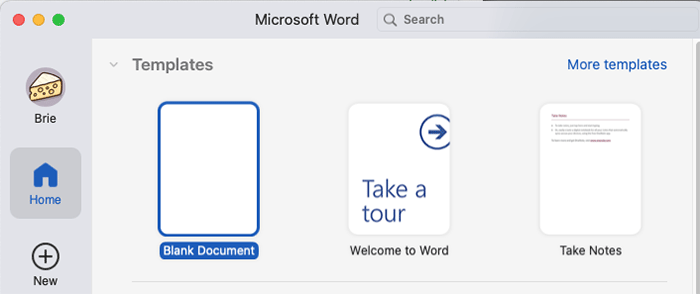 Microsoft Word interface with New Document selected