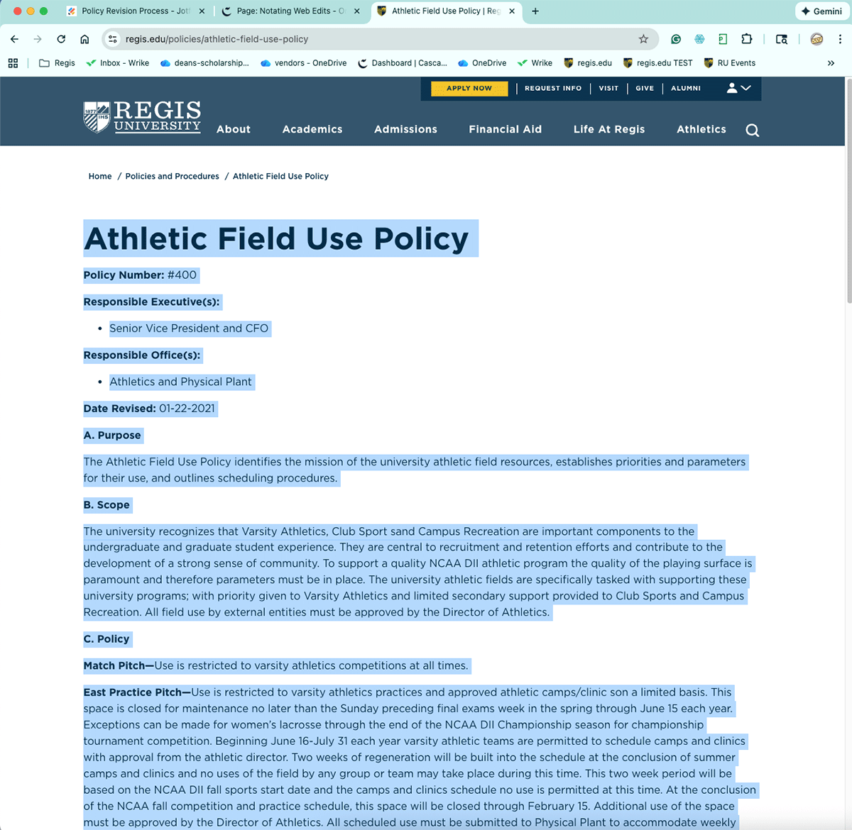 Webpage for the Athletic Field Use Policy with the copy highlighted